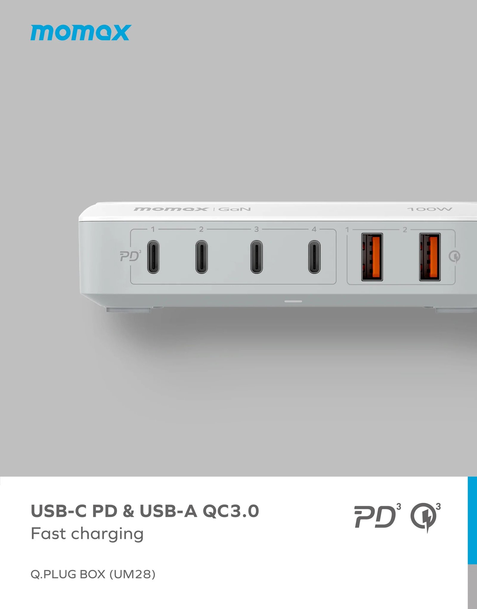 Momax UM28 Q.PLug Box GaN 100W Six Outputs with 15W Wireless Charging