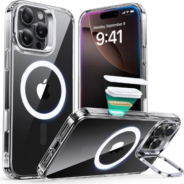 ESR HaloLock Classic Hybrid Case (Camera Control, Stash Stand), Compatible with iPhone 16 Series Clear