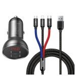 Baseus Dual Digital Display Car Charger With USB 3-in-1 Cable